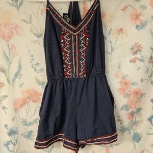 Angie Dark Blue Embroidered Cotton Boho Romper